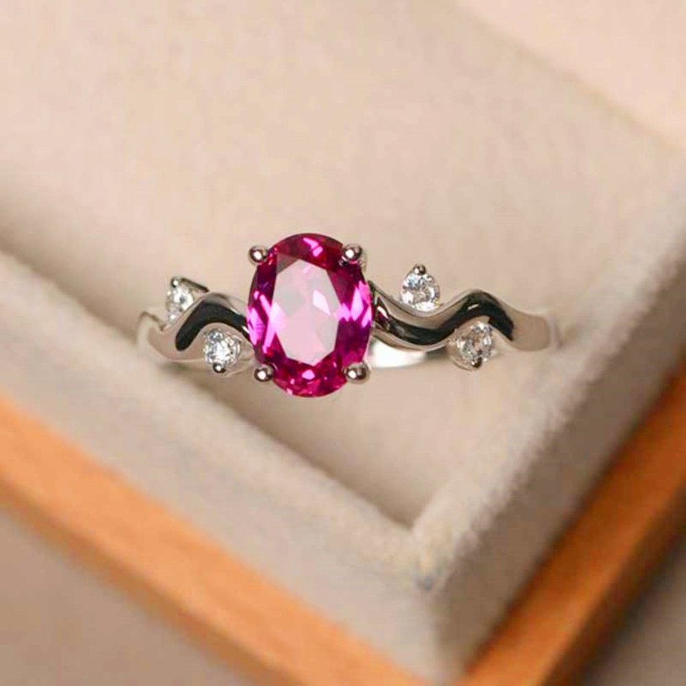Pink Oval Ruby Gemstone Shiny Wave Vines Elegant Silver Ring for Women, VIP588